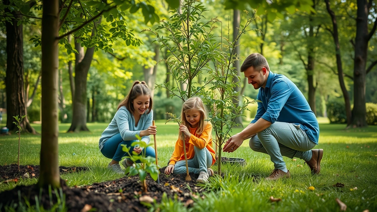 famille plantant des arbres dans un parc verdoyant
