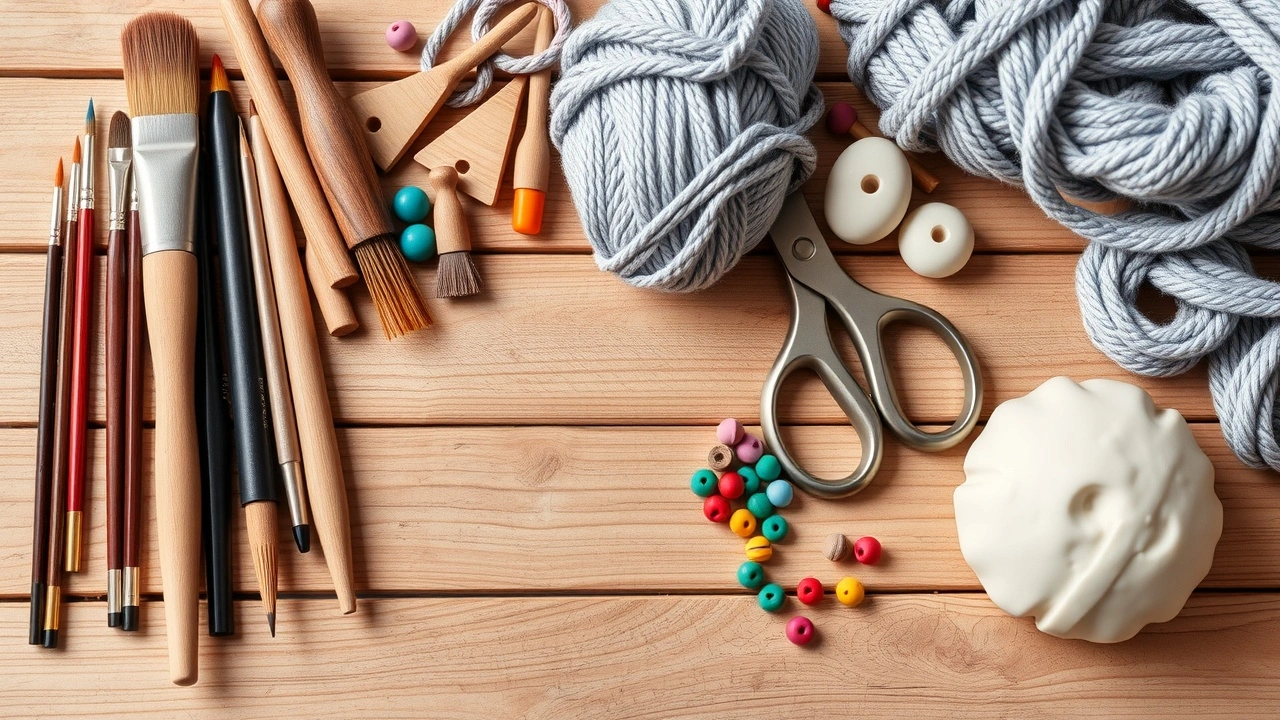 fournitures pour des activités manuelles sur une table en bois