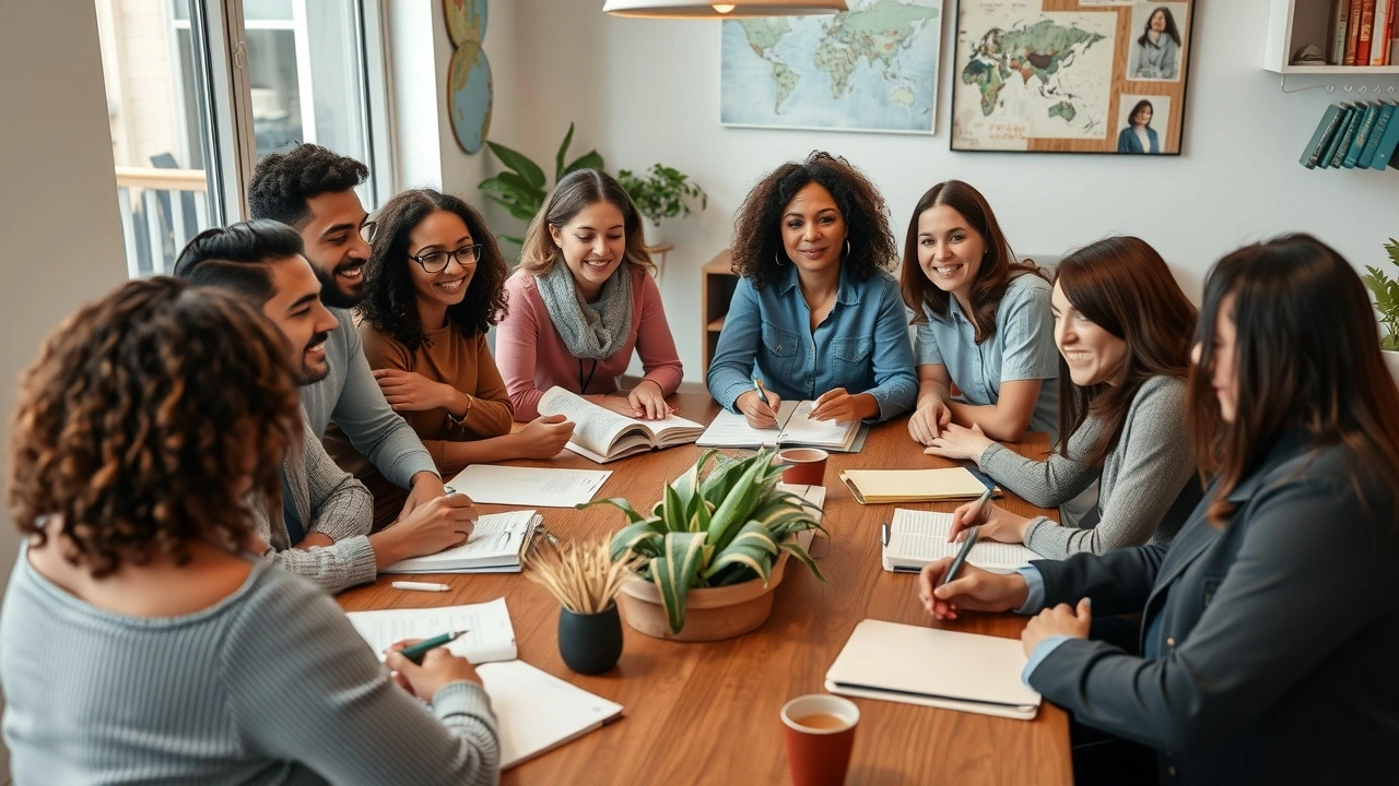 groupe divers discutant d ecriture creatrice autour d une table