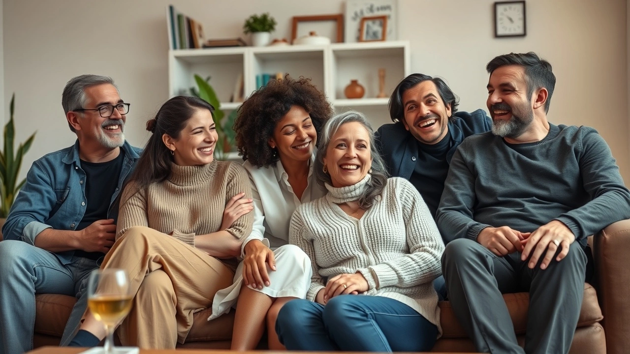 groupe de personnes riant dans un salon