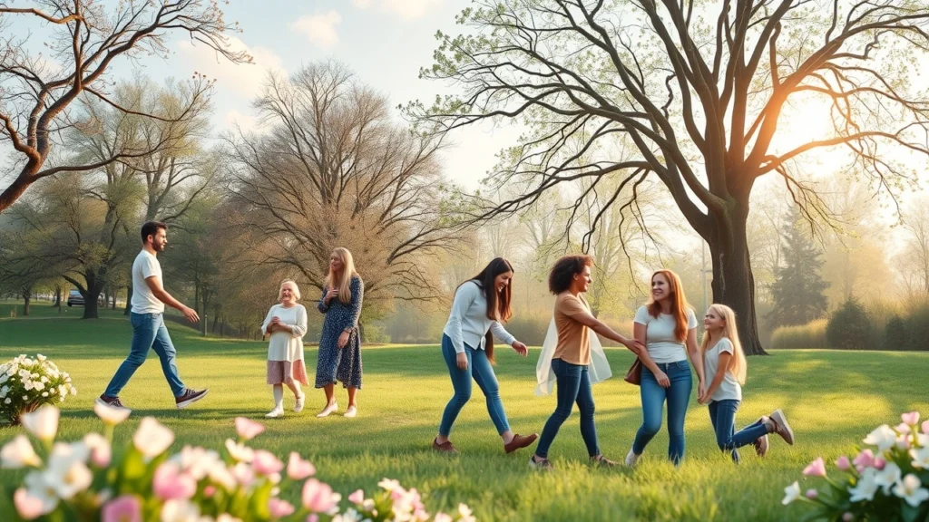 Une illustration d'un groupe de personnes montrant des actes de compassion dans un paysage serein.