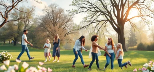 Une illustration d'un groupe de personnes montrant des actes de compassion dans un paysage serein.