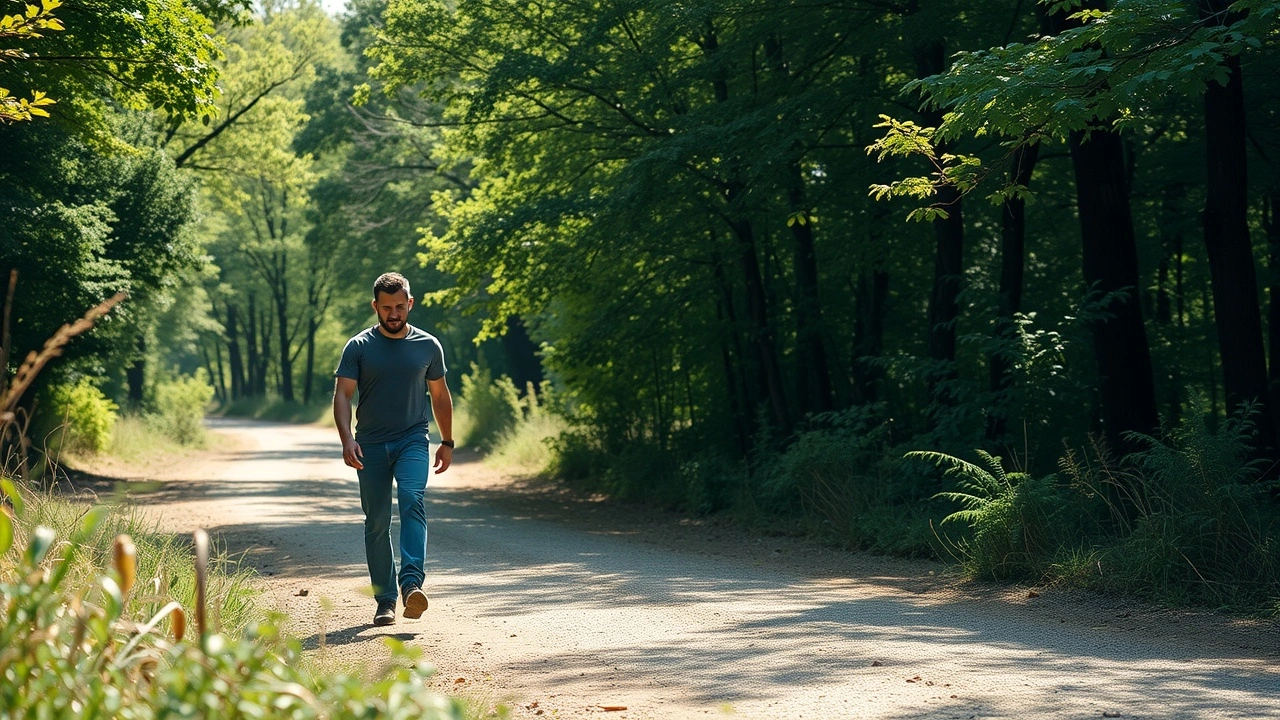 person marchant en pleine nature avec attention