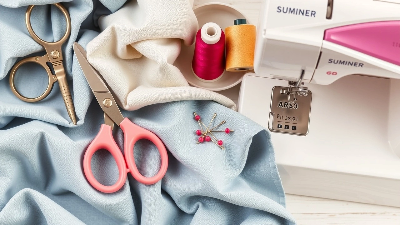 outils de couture essentiels comme ciseaux et machine
