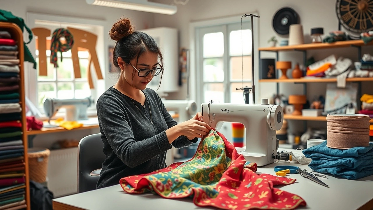 personne cousant des tissus colorés dans une pièce bien éclairée
