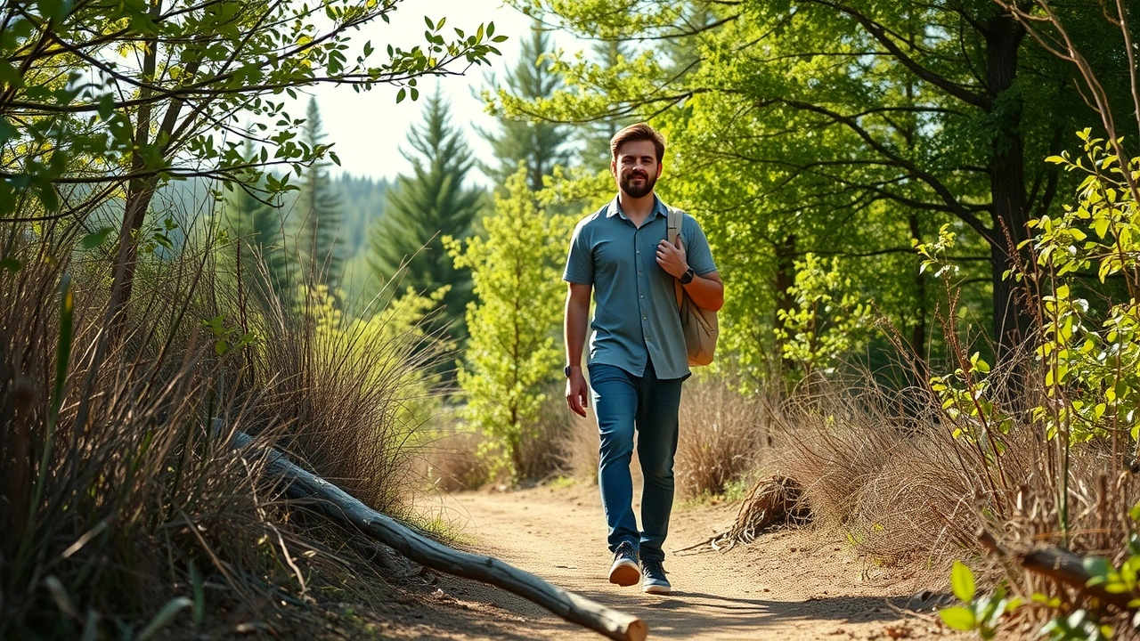 person marchant en pleine nature avec attention
