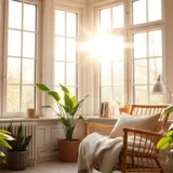 Une pièce lumineuse avec de la lumière naturelle et des plantes, illustrant l'impact positif de la lumière sur le moral.