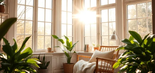 Une pièce lumineuse avec de la lumière naturelle et des plantes, illustrant l'impact positif de la lumière sur le moral.