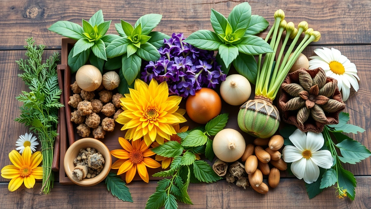variété de plantes médicinales sur une table en bois