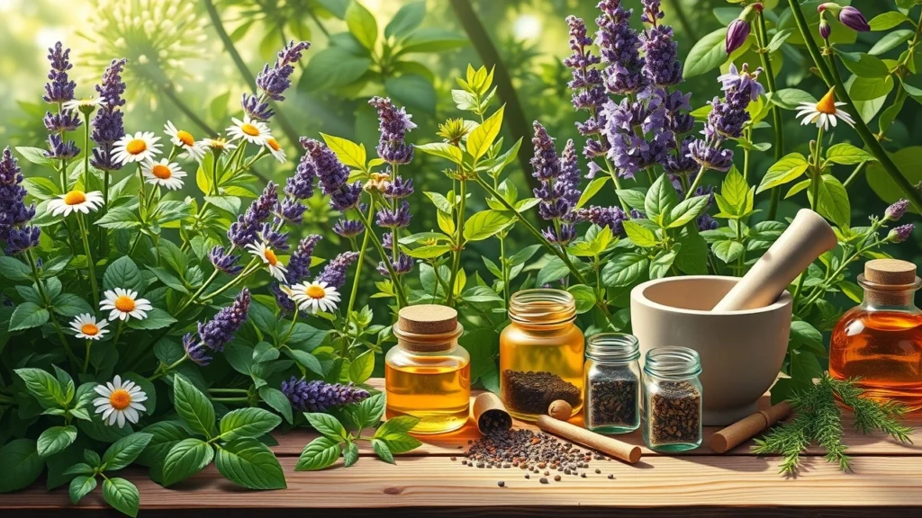 Une illustration photoréaliste des plantes médicinales dans un cadre naturel apaisant.