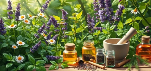 Une illustration photoréaliste des plantes médicinales dans un cadre naturel apaisant.