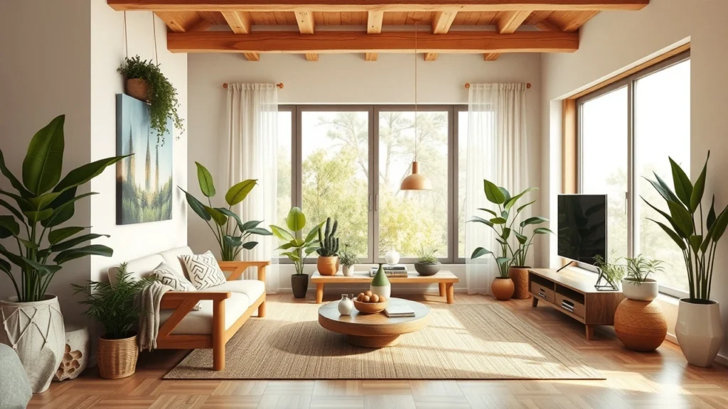 Une salle de séjour écologique avec des éléments naturels et une ambiance harmonieuse.
