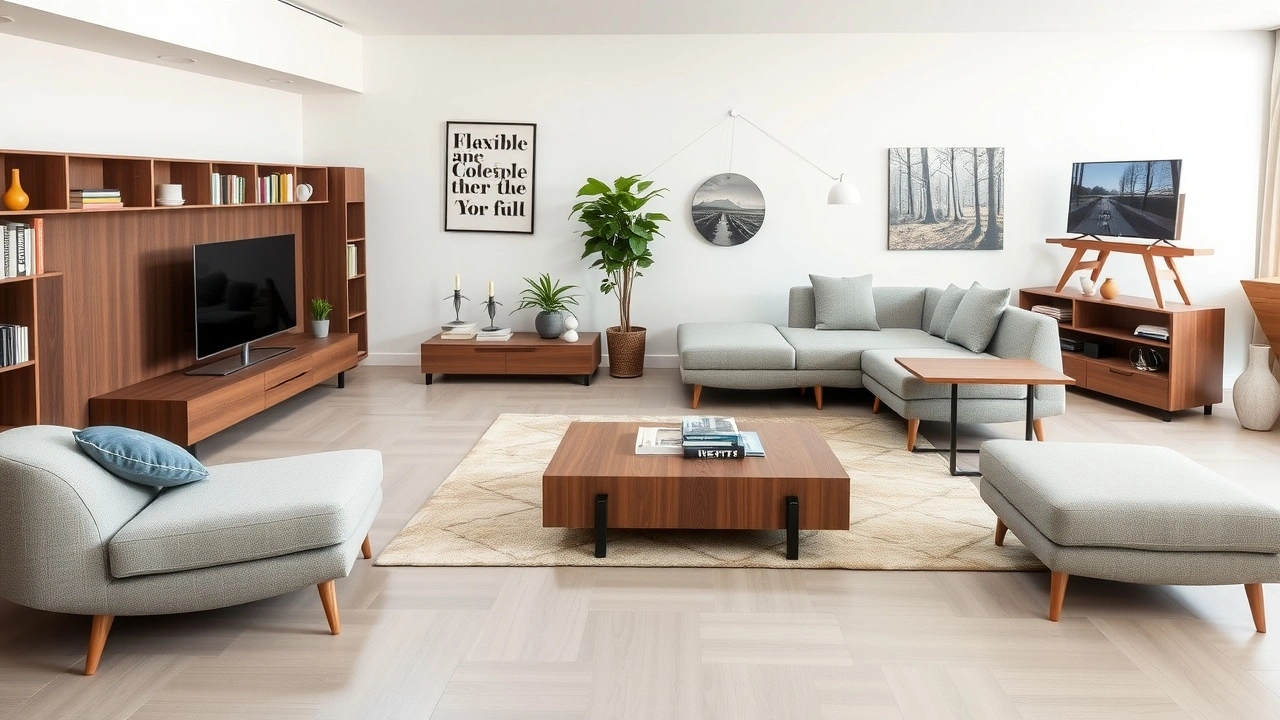 salon moderne avec meubles modulables et arrangement flexible