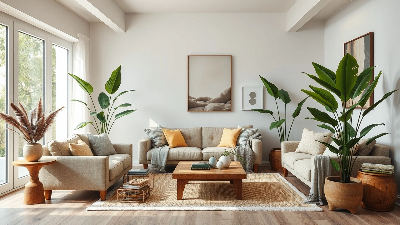 salon avec meubles en bois et plantes naturelles