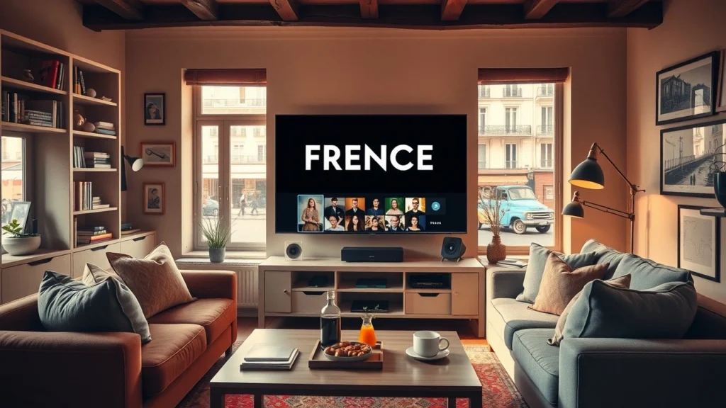 Une scène illustrant un salon chaleureux avec une série française à l'écran.