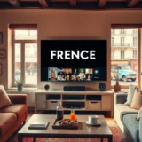 Une scène illustrant un salon chaleureux avec une série française à l'écran.