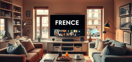 Une scène illustrant un salon chaleureux avec une série française à l'écran.