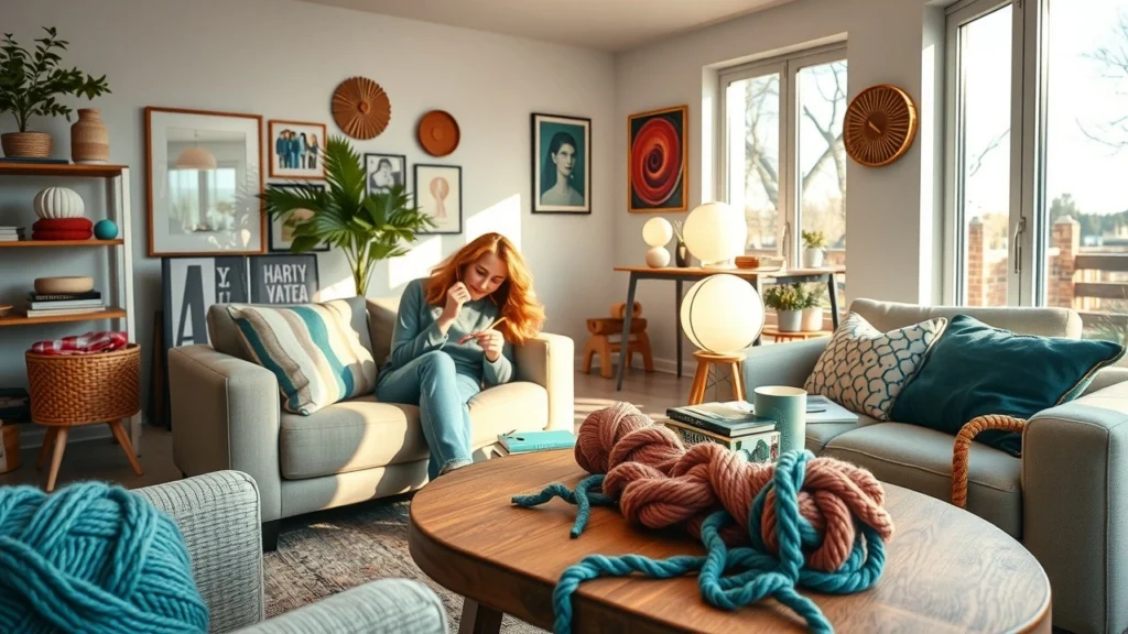 Une scène cozy de tricot moderne avec des pelotes de laine colorées.