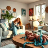 Une scène cozy de tricot moderne avec des pelotes de laine colorées.