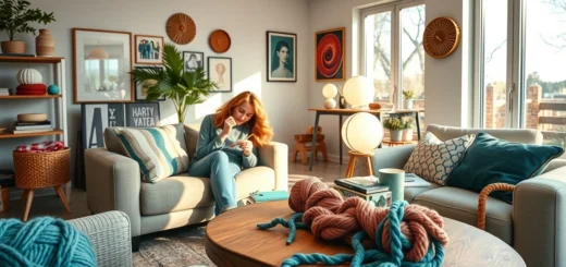 Une scène cozy de tricot moderne avec des pelotes de laine colorées.