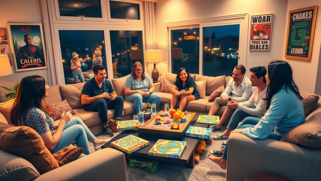 Une salle de séjour confortable pour une soirée jeux entre amis, avec des jeux de société et des amis amusés.