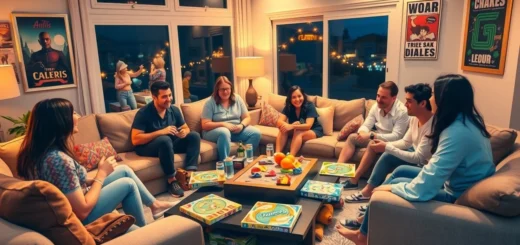 Une salle de séjour confortable pour une soirée jeux entre amis, avec des jeux de société et des amis amusés.