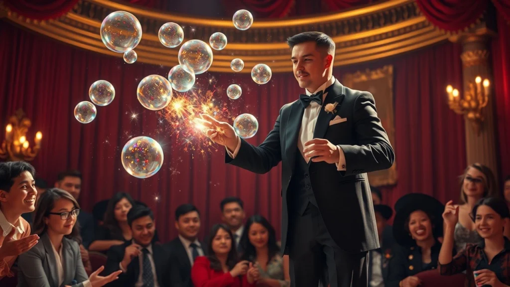 Un magicien en train de réaliser un tour de magie captivant sur scène, dans un cadre théâtral opulent.