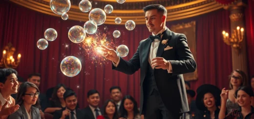 Un magicien en train de réaliser un tour de magie captivant sur scène, dans un cadre théâtral opulent.