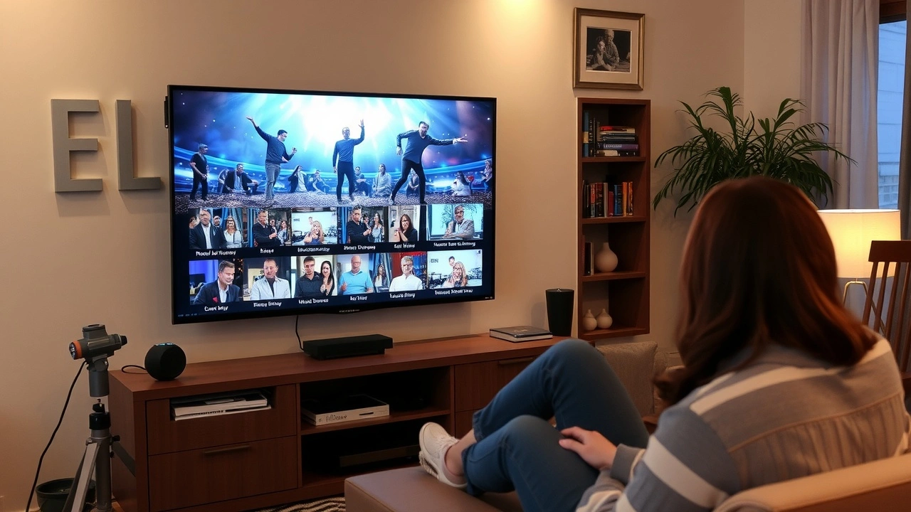 un salon avec un televiseur et des spectateurs