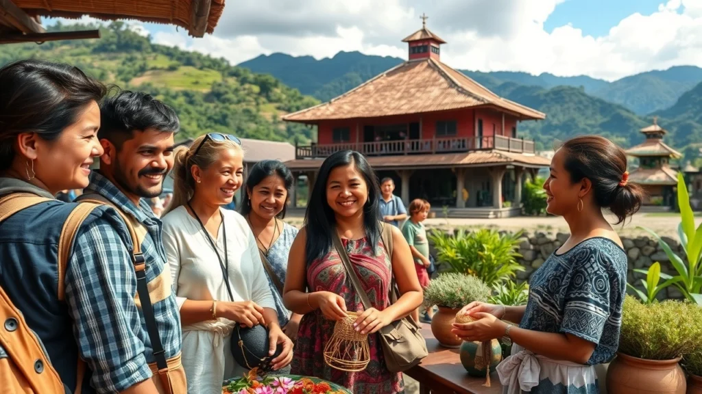 Scène illustrant le tourisme solidaire avec des voyageurs interagissant avec des communautés locales.