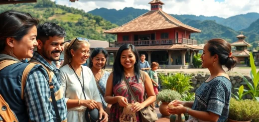 Scène illustrant le tourisme solidaire avec des voyageurs interagissant avec des communautés locales.