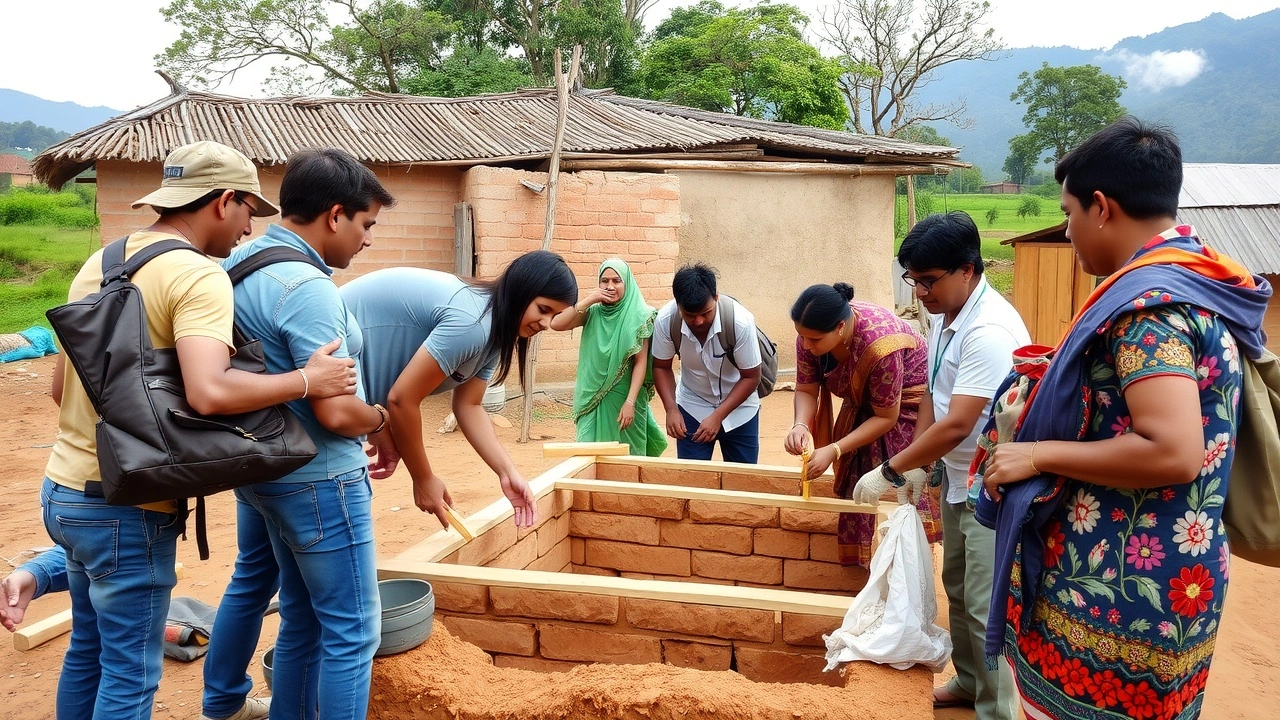 touristes et villageois construisent une ecole ensemble