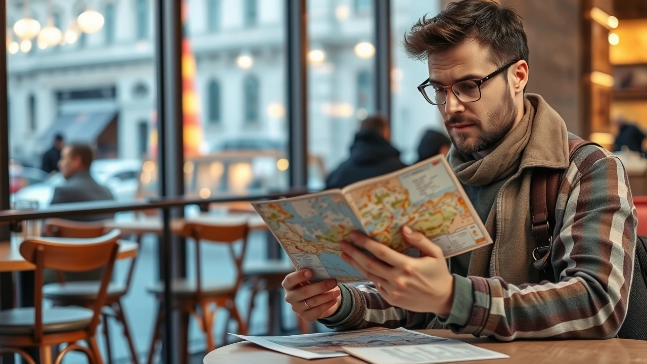 voyageur examine une carte dans un café