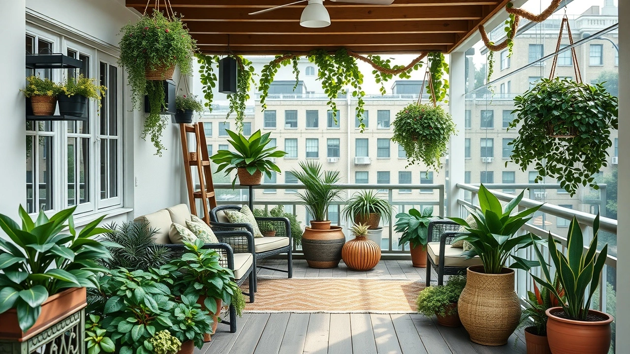 balcon vert et accueillant avec des plantes et des sièges