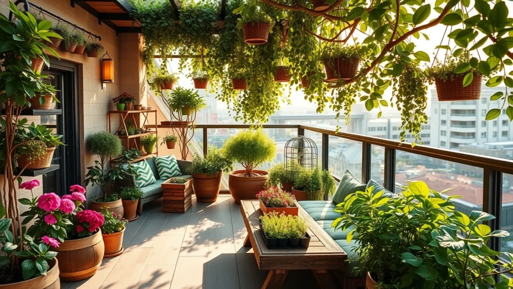 Un balcon accueillant et éco-responsable rempli de plantes et de fleurs.