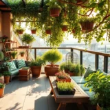 Un balcon accueillant et éco-responsable rempli de plantes et de fleurs.
