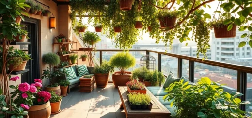 Un balcon accueillant et éco-responsable rempli de plantes et de fleurs.