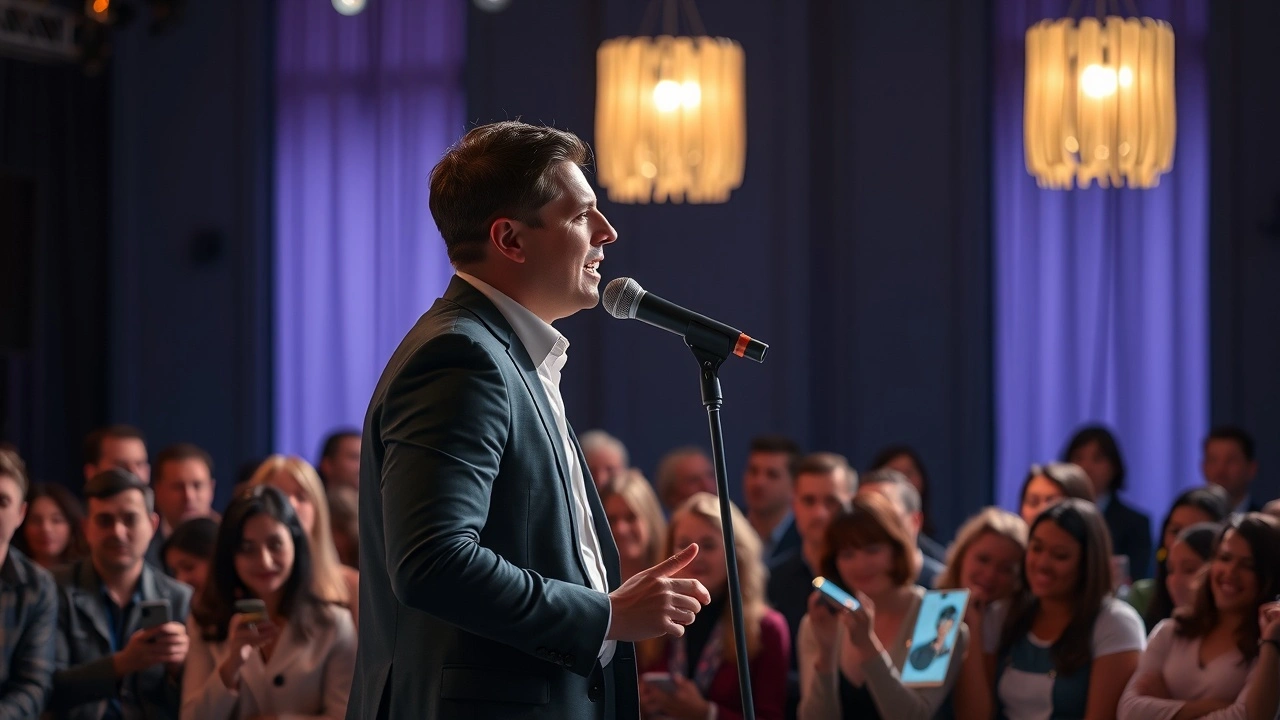 comedien sur scene avec microphone et public sur telephones