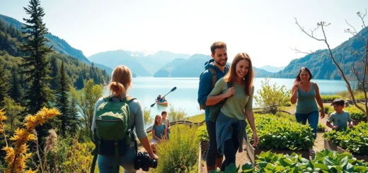 Un groupe de voyageurs engagés dans des activités d'aventure durable dans un paysage pittoresque.