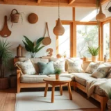 Un espace de vie chaleureux et durable avec des matériaux naturels et des plantes.