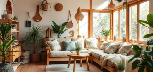 Un espace de vie chaleureux et durable avec des matériaux naturels et des plantes.