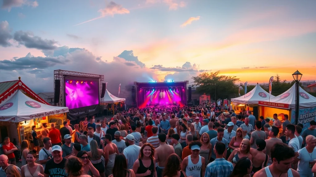 Une scène de festival de musique animée avec des gens dansants et profitant de l'ambiance estivale.