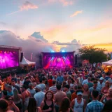 Une scène de festival de musique animée avec des gens dansants et profitant de l'ambiance estivale.