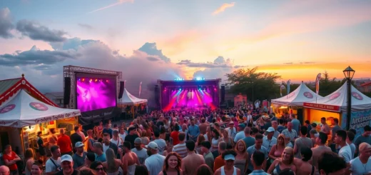 Une scène de festival de musique animée avec des gens dansants et profitant de l'ambiance estivale.