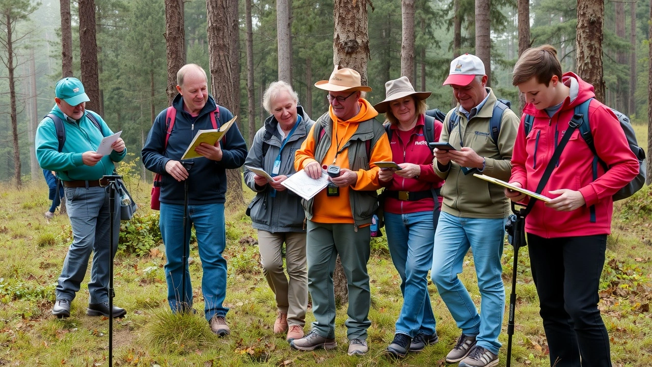 groupe de geocacheurs dans une foret avec des cartes