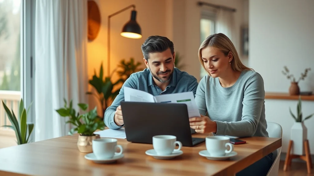 Un couple examinant des documents financiers à une table moderne.