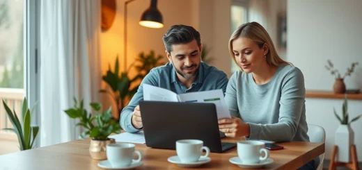 Un couple examinant des documents financiers à une table moderne.