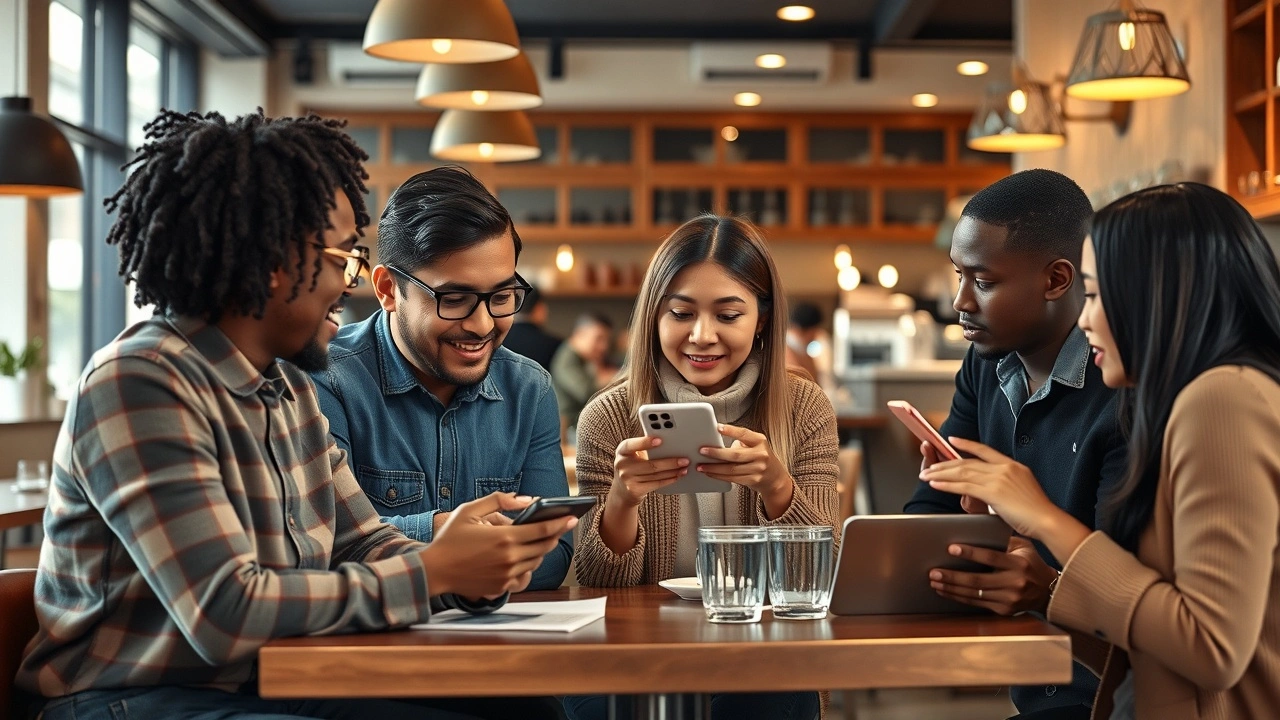 groupe de personnes discutant avec des appareils mobiles