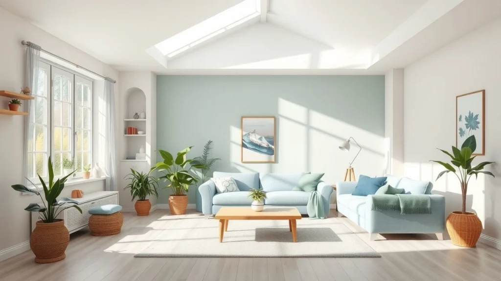 Une pièce lumineuse et apaisante avec des couleurs chaleureuses et des plantes, illustrant le lien entre la couleur de l'environnement et le bien-être émotionnel.