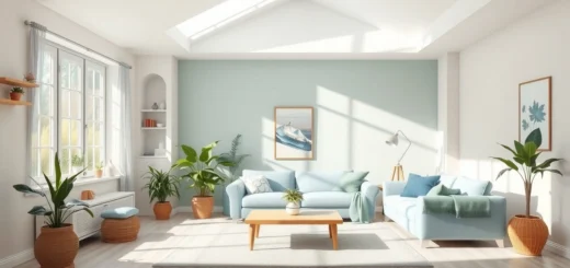 Une pièce lumineuse et apaisante avec des couleurs chaleureuses et des plantes, illustrant le lien entre la couleur de l'environnement et le bien-être émotionnel.